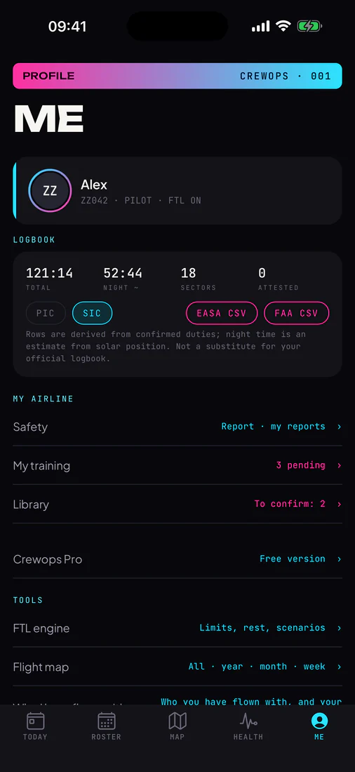 The crew phone, Me tab: a My airline block with Safety, My training with three items pending and the Library with two to confirm, above the logbook