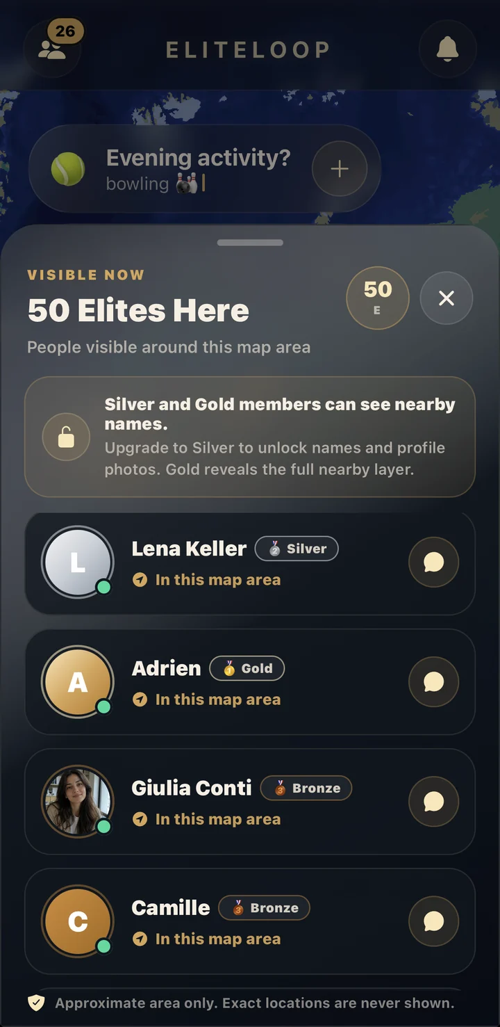 EliteLoop nearby discovery screen