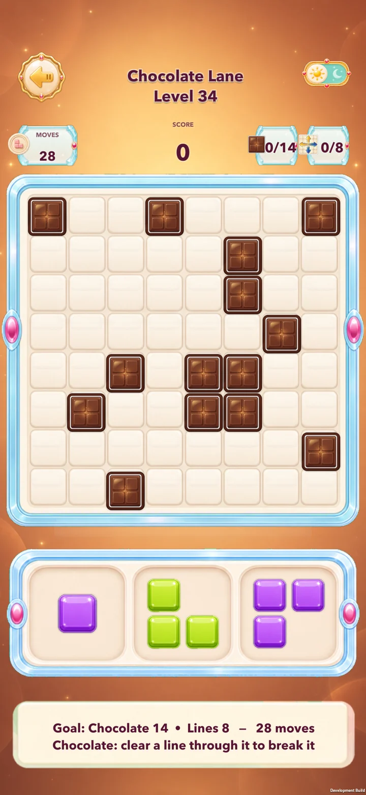Sugar Tiles gameplay — clearing a chocolate board