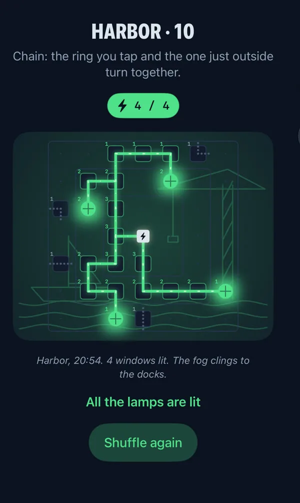 Wirelit — a Harbor box with every lamp lit in green